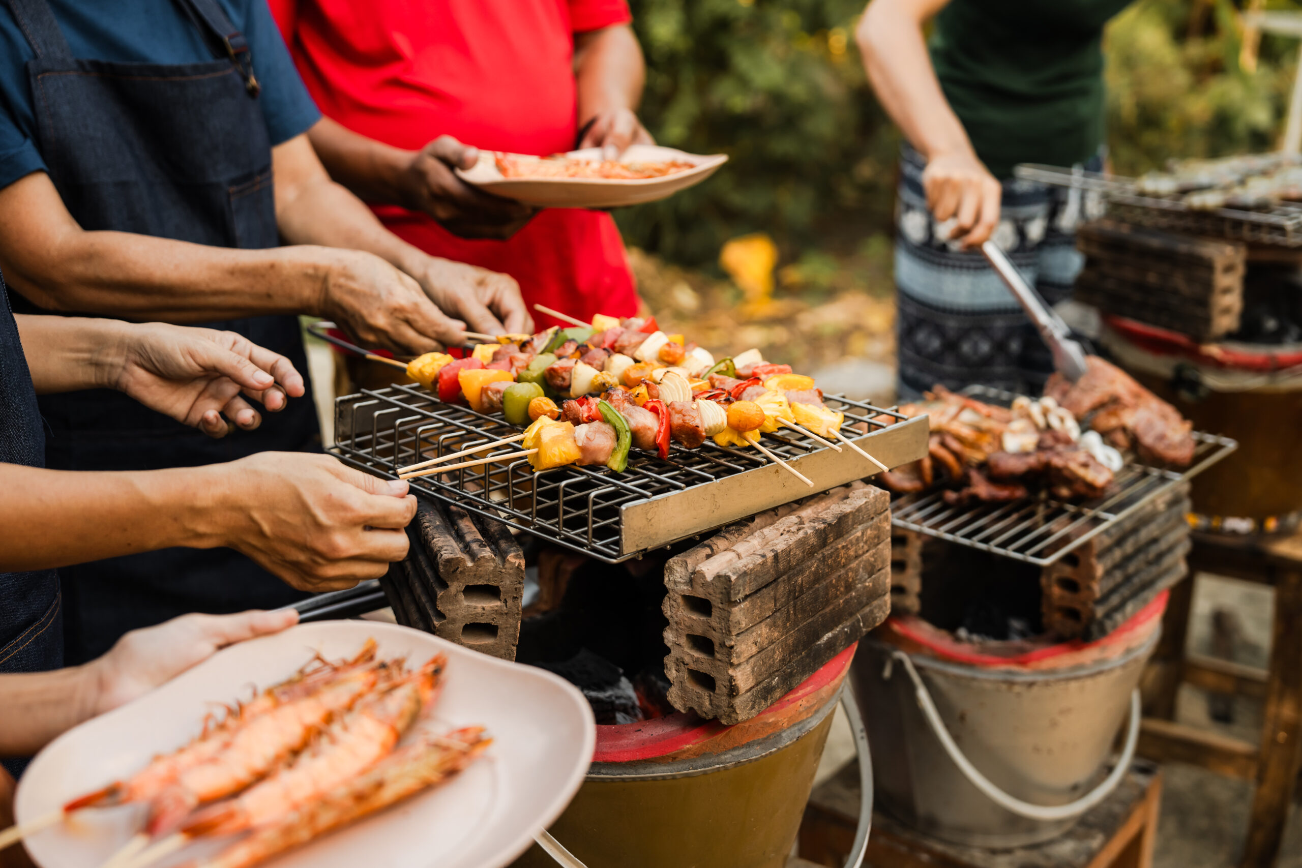 Skewers With Colorful Vegetables And Meat Grilling, Family And F